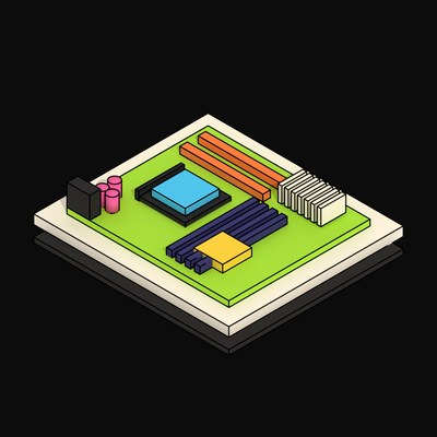 Lime Motherboard with a Cyan Processor Socket - 3D icon from Neo Brutalist AI Hardware