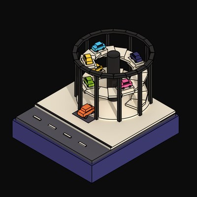 Lime Helical Car Park with a Spiral Ramp Behind an Open Grille - 3D icon from Neo Brutalist Scenes