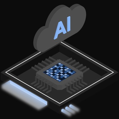 Black and Blue AI Cloud Chip with a Labelled Cloud Icon - illustration from AI Cloud Chip Icons