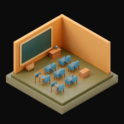 Amber Classroom with Blue Desk Rows - 3D icon from Isometric Clay Room Scenes