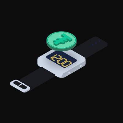 Tether Floating Over a Watch (Back) - illustration from Crypto & Currency Watch Float