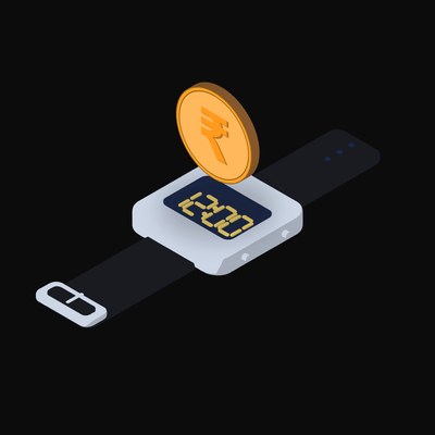 Indian Rupee Floating Over a Watch - illustration from Crypto & Currency Watch Float