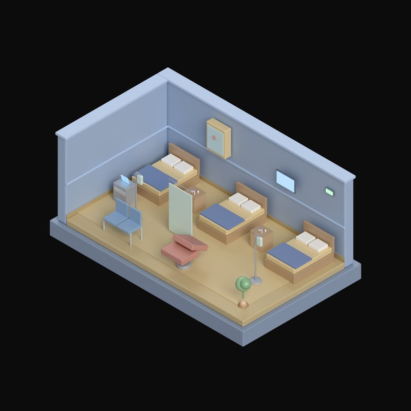 Powder Blue Hospital Ward with Three Beds - 3D icon from Isometric Room Blocks