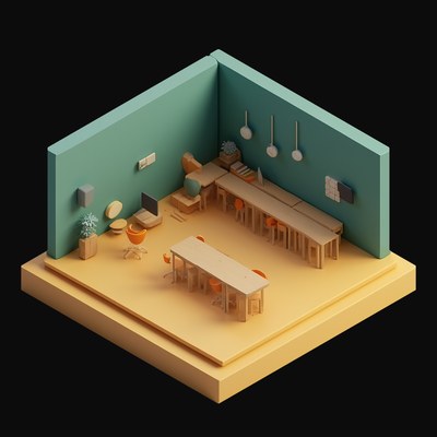 Green Open Plan Office with Four Desks - 3D icon from Isometric Clay Room Scenes
