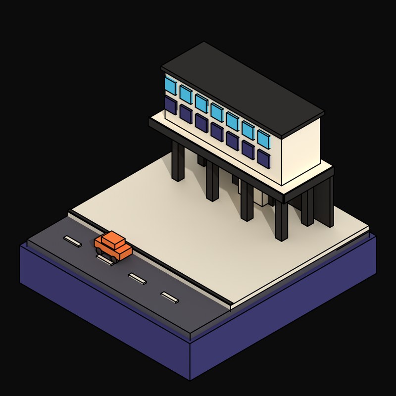 Piloti-Raised Council Offices Slab with Cyan and Plum Windows - 3D icon from Neo Brutalist Scenes