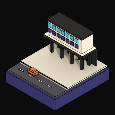 Piloti-Raised Council Offices Slab with Cyan and Plum Windows - 3D icon from Neo Brutalist Scenes
