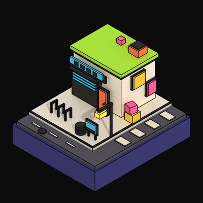 Lime-Roofed Bike Workshop with a Roller Shutter - 3D icon from Neo Brutalist High Street