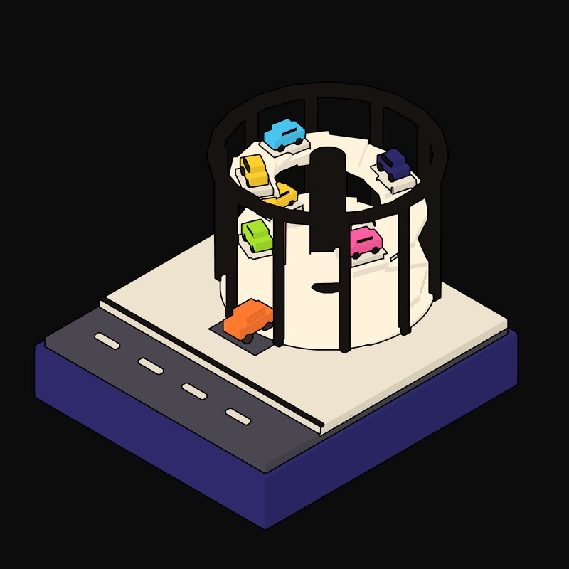 Lime Helical Car Park with a Spiral Ramp Behind an Open Grille - illustration from Neo Brutalist Scenes Icons