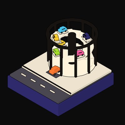 Lime Helical Car Park with a Spiral Ramp Behind an Open Grille Animated Icon - animated icon from Neo Brutalist Scenes Motion Icons