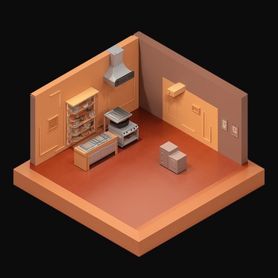 Steel Blue Restaurant Kitchen with a Prep Line - 3D icon from Isometric Clay Room Scenes
