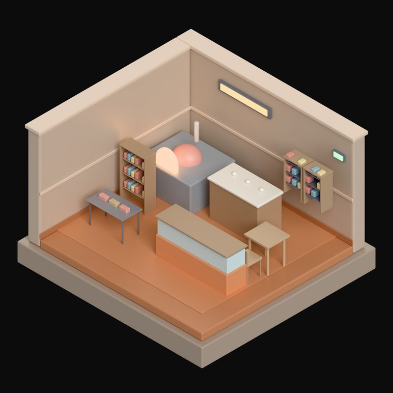 Soft Terracotta Bakery with a Bread Display Counter - 3D icon from Isometric Room Blocks