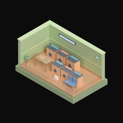 Olive Green Laundromat with Washing Machine Banks - 3D icon from Isometric Room Blocks