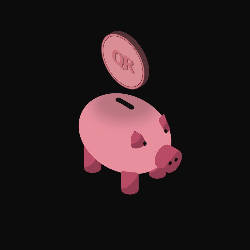 Qatari Riyal Floating Over a Piggy Bank - illustration from Crypto & Currency Piggy Bank Float