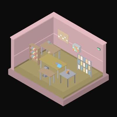 Soft Rosewood Print Workshop with a Press Bench - illustration from Isometric Room Block Icons