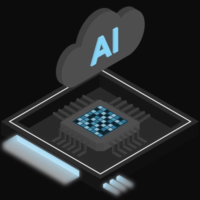 Black and Light Blue AI Cloud Chip with a Labelled Cloud Icon - illustration from AI Cloud Chip Icons