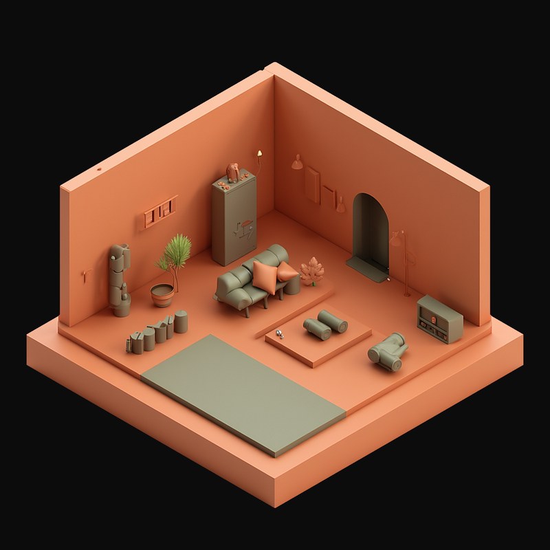 Terracotta Yoga Studio with Rolled Mats - 3D icon from Isometric Clay Room Scenes
