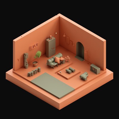 Terracotta Yoga Studio with Rolled Mats - 3D icon from Isometric Clay Room Scenes