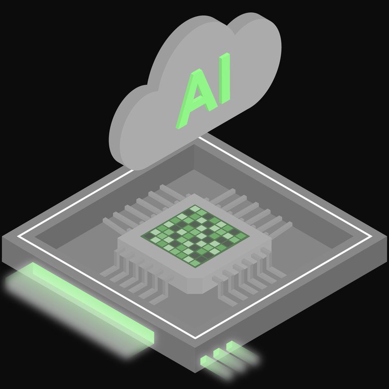 Grey and Green and White AI Cloud Chip with a Labelled Cloud Icon - illustration from AI Cloud Chip Icons