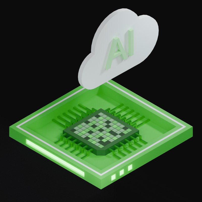 Green AI Cloud Chip with a Labelled Cloud 3D Icon - 3D icon from AI Cloud Chips