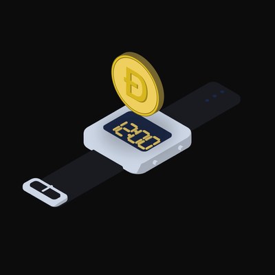 Dogecoin Floating Over a Watch - illustration from Crypto & Currency Watch Float