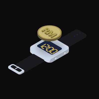 Malaysian Ringgit Floating Over a Watch (Back) - illustration from Crypto & Currency Watch Float