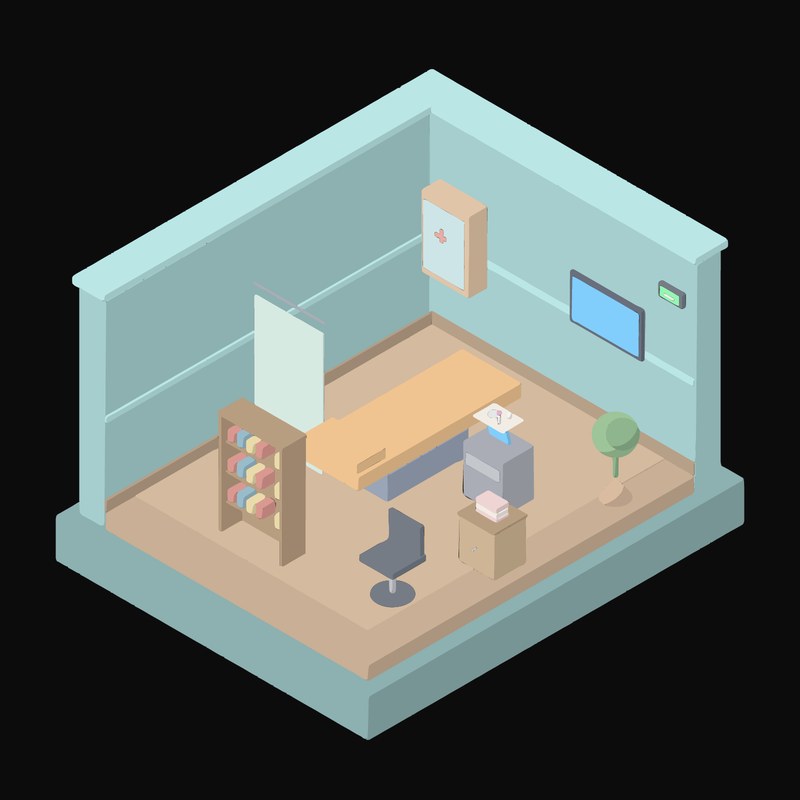 Muted Teal Exam Room with a Patient Couch Animated Icon - animated icon from Isometric Room Block Motion Icons