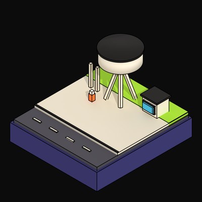 Splay-Legged Water Tank over a Cyan-Windowed Plant Shed - 3D icon from Neo Brutalist Scenes