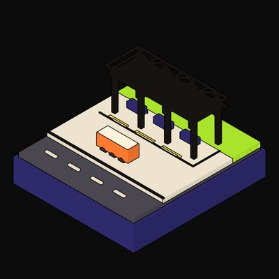 Open-Sided Space-Frame Transit Shelter over Plum Benches - illustration from Neo Brutalist Scenes Icons