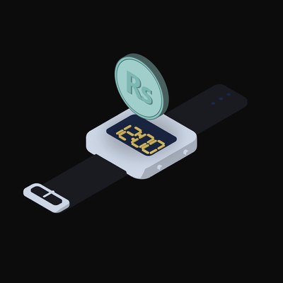 Pakistani Rupee Floating Over a Watch - illustration from Crypto & Currency Watch Float