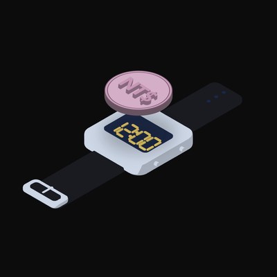 New Taiwan Dollar Floating Over a Watch (Back) - illustration from Crypto & Currency Watch Float