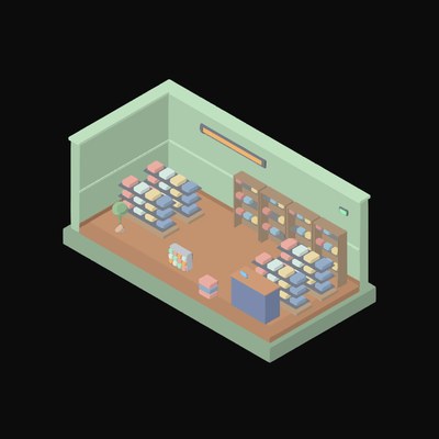 Sage Green Supermarket Aisle with Shelf Runs - illustration from Isometric Room Block Icons