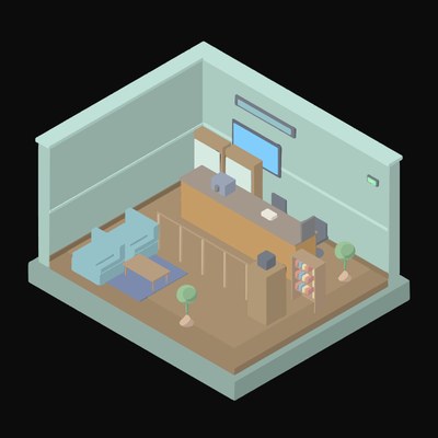 Muted Seafoam Bank Branch with a Teller Counter - illustration from Isometric Room Block Icons