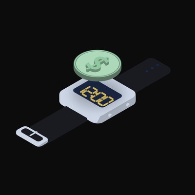 US Dollar Floating Over a Watch (Back) - illustration from Crypto & Currency Watch Float