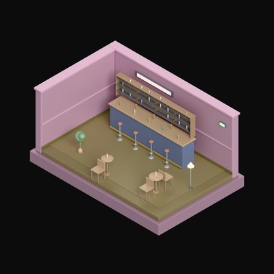 Dusty Magenta Bar Lounge with a Bottle Wall - 3D icon from Isometric Room Blocks