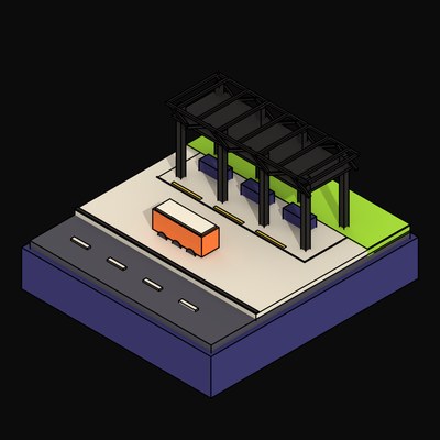 Open-Sided Space-Frame Transit Shelter over Plum Benches - 3D icon from Neo Brutalist Scenes