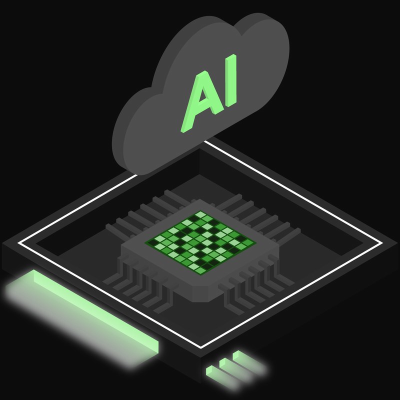 Black and Green and White AI Cloud Chip with a Labelled Cloud Icon - illustration from AI Cloud Chip Icons