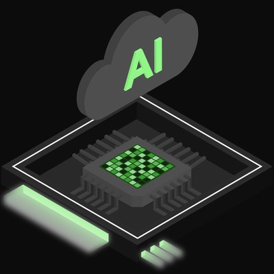 Black and Green and White AI Cloud Chip with a Labelled Cloud Icon - illustration from AI Cloud Chip Icons