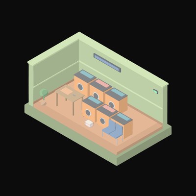 Olive Green Laundromat with Washing Machine Banks - illustration from Isometric Room Block Icons