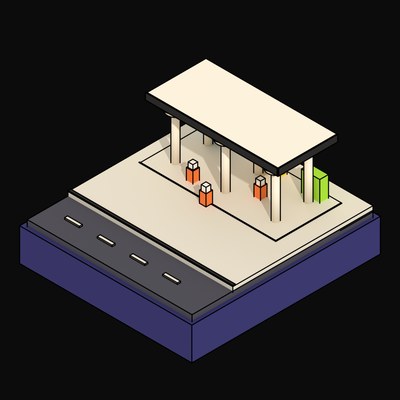 Beamless Mushroom-Column Undercroft with a Row of Kiosks - 3D icon from Neo Brutalist Scenes