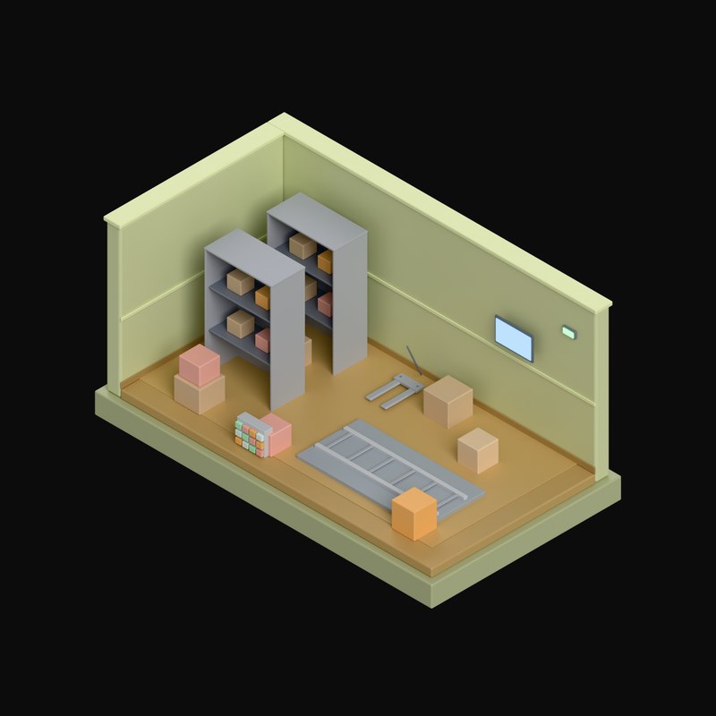 Pale Olive Warehouse Bay with Pallet Racking - 3D icon from Isometric Room Blocks