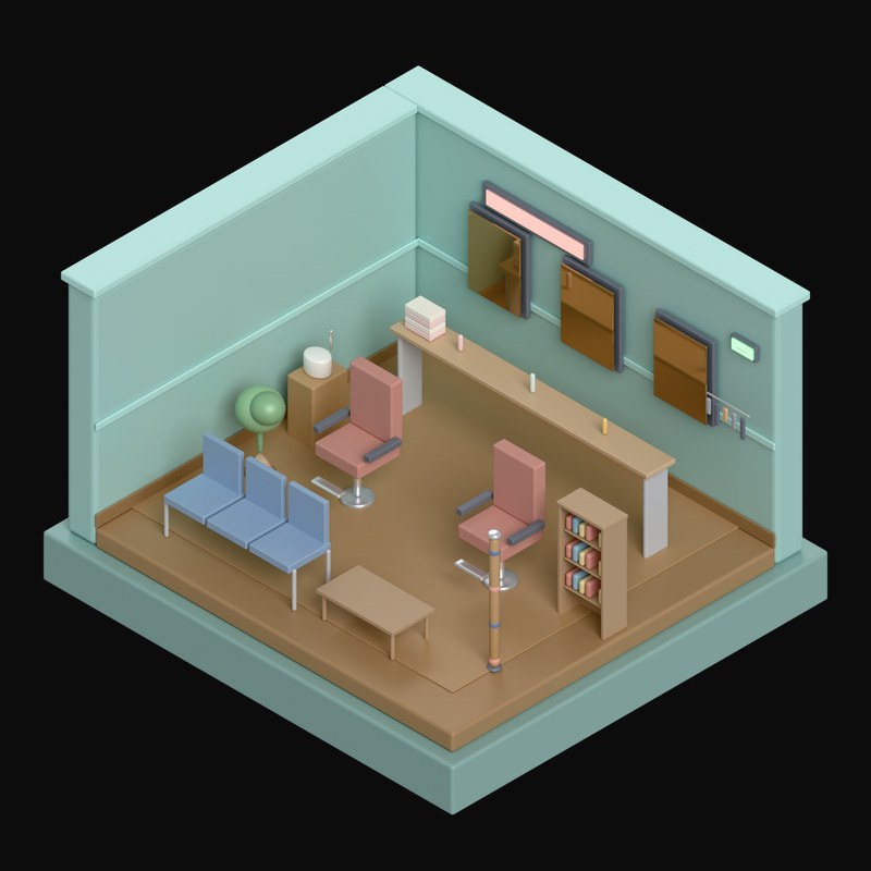 Soft Teal Barbershop with Two Barber Chairs - 3D icon from Isometric Room Blocks