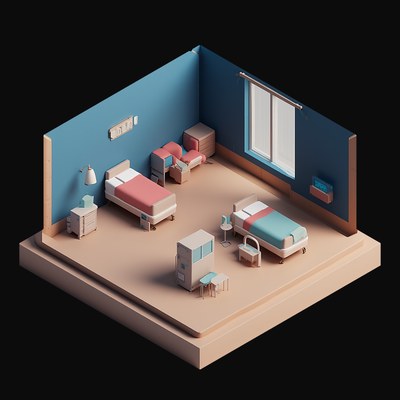 Blue Hospital Ward with Three Beds - 3D icon from Isometric Clay Room Scenes