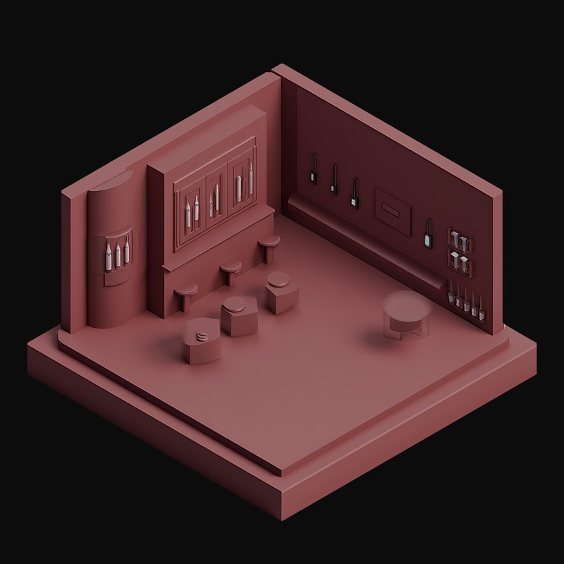 Burgundy Bar Lounge with a Bottle Wall - 3D icon from Isometric Clay Room Scenes