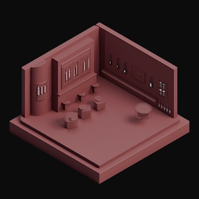 Burgundy Bar Lounge with a Bottle Wall - 3D icon from Isometric Clay Room Scenes