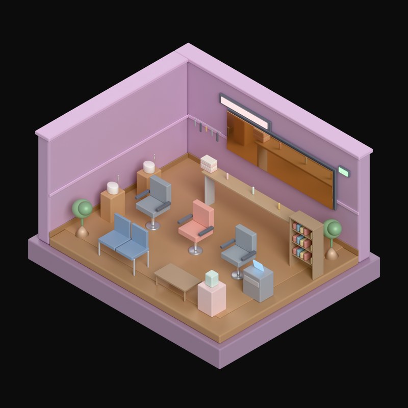 Soft Mauve Hair Salon with Mirror Stations - 3D icon from Isometric Room Blocks