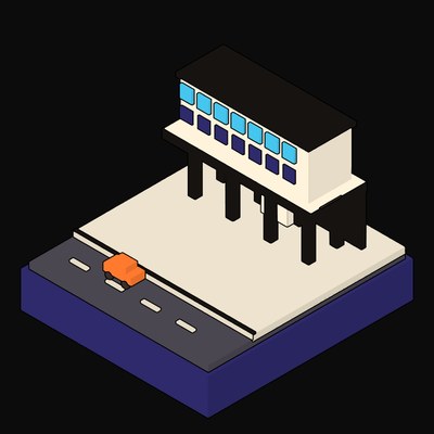 Piloti-Raised Council Offices Slab with Cyan and Plum Windows - illustration from Neo Brutalist Scenes Icons