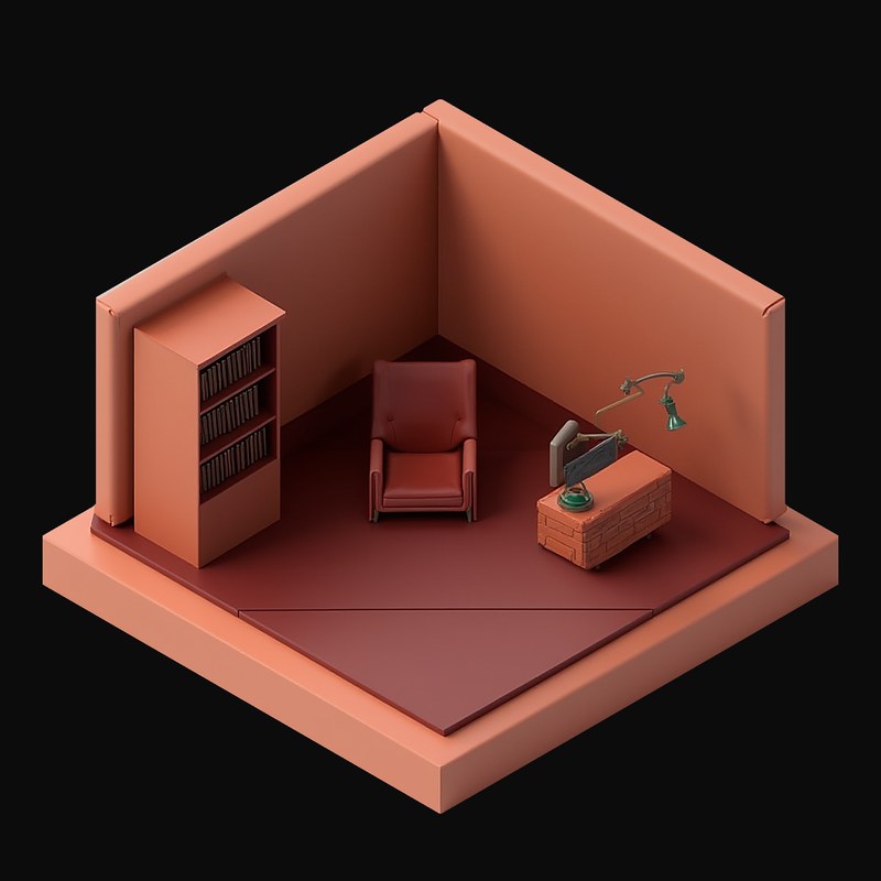 Oxblood Law Office with a Tall Bookcase - 3D icon from Isometric Clay Room Scenes