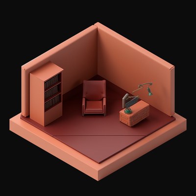 Oxblood Law Office with a Tall Bookcase - 3D icon from Isometric Clay Room Scenes