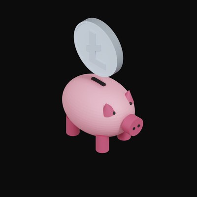 Litecoin Floating Over a Piggy Bank - 3D icon from Crypto & Currency Piggy Bank Float