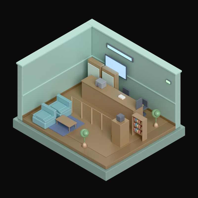 Muted Seafoam Bank Branch with a Teller Counter - 3D icon from Isometric Room Blocks